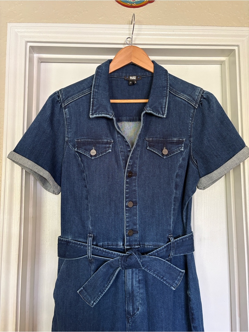 PAIGE Indigo Denim Short-Sleeve Jumpsuit with Tie Waist